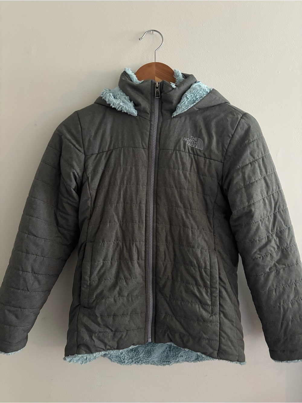 The North Face Kids Gray Puffer Jacket with Light Blue Sherpa Hood